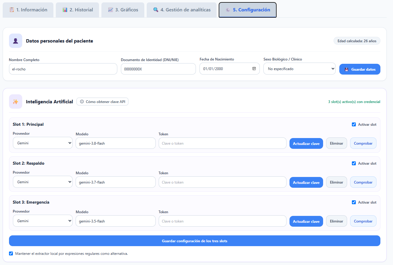 Pestaña Configuración con datos personales y opciones de inteligencia artificial